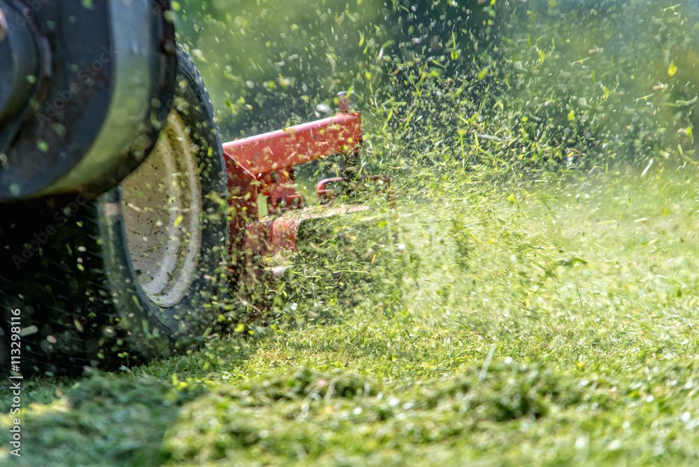 Lawn mower cutting grass with clippings flying