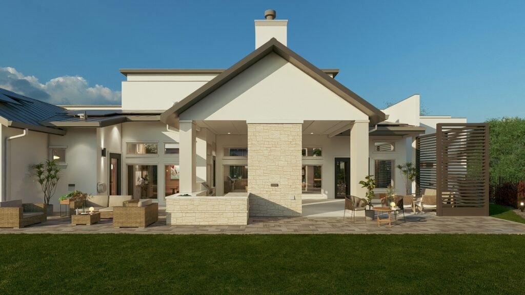 Modern backyard patio with covered outdoor living space