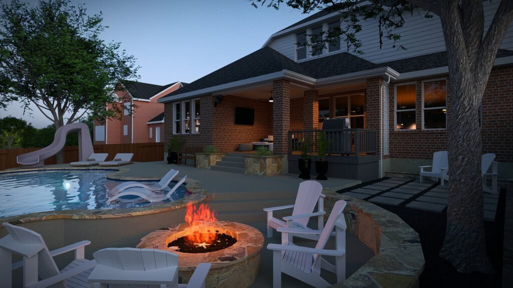 Backyard pool and fire pit at night