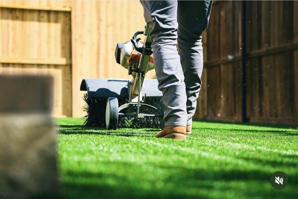 Lawn mowing in backyard
