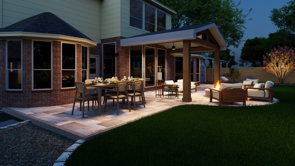 Jon Baughman 12815 Terrace Hollow_Hole In One Lawns_Perspective_18 Backyard lounge area with chairs and sofa