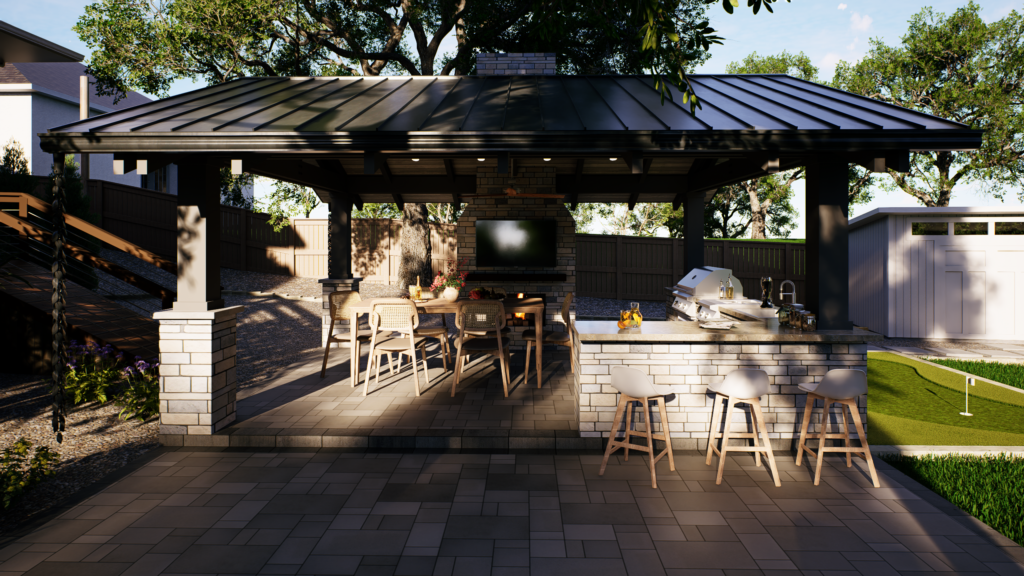 Richard Sanchez 3940 Foxtrot Trail_Hole in on lawn_Perspective_13 Backyard pavilion with seating and kitchen