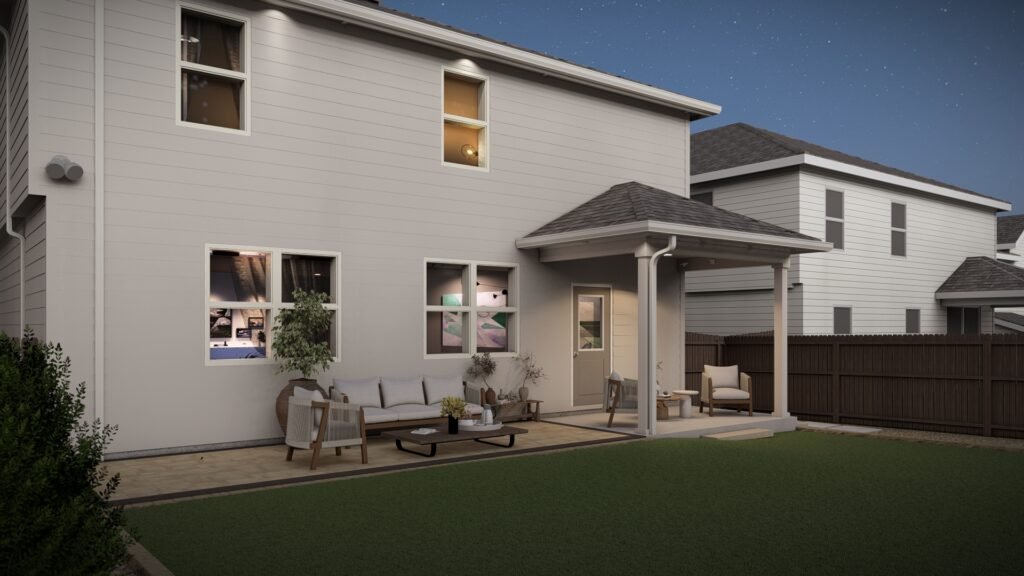 Luxury covered patio area with modern outdoor furniture