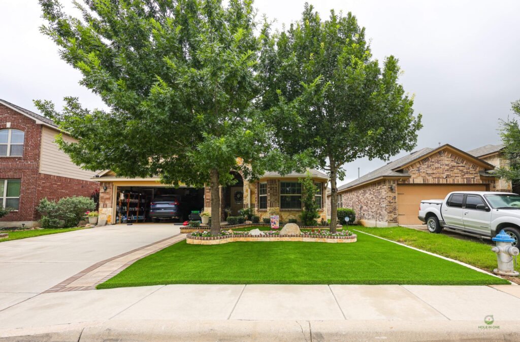 Artificial turf front yard with modern landscaping