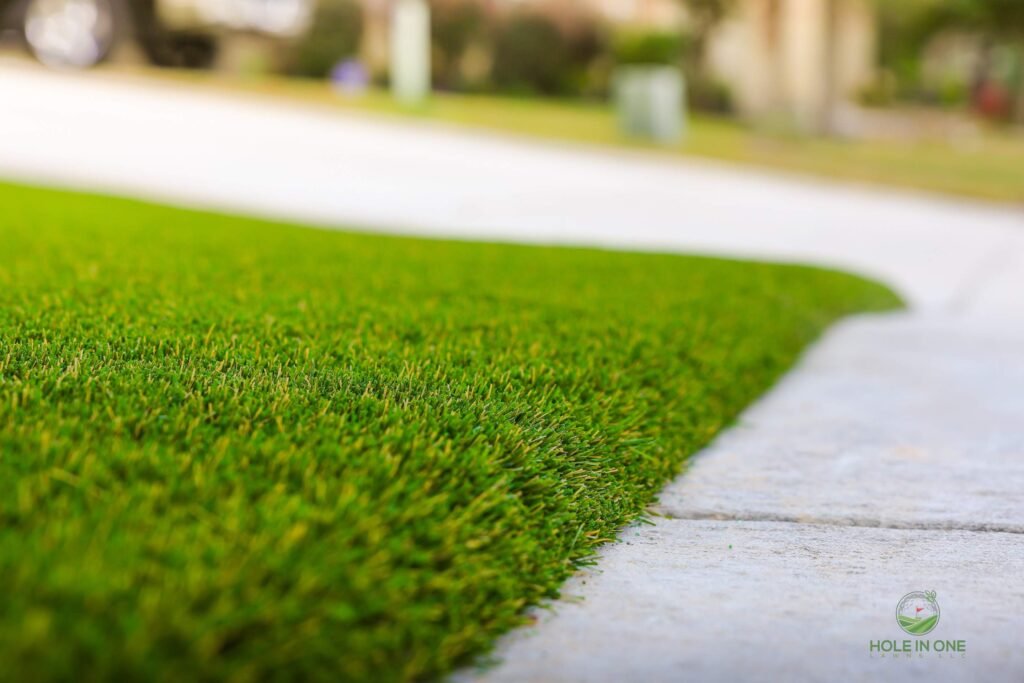 Backyard artificial turf putting green with net