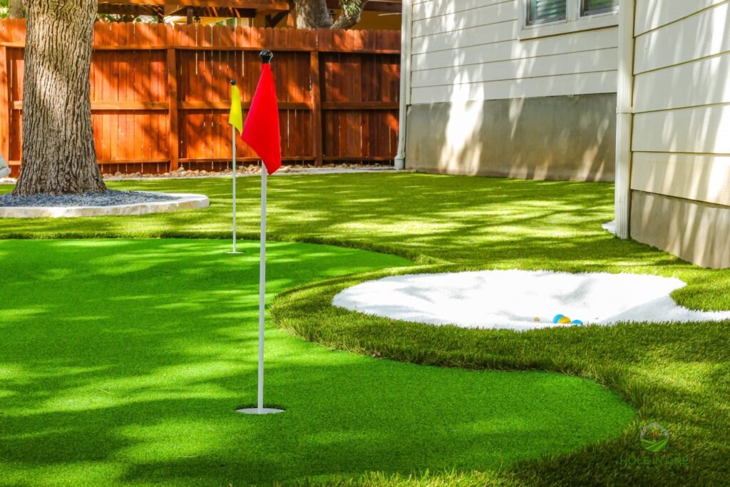 Backyard putting green with golf net