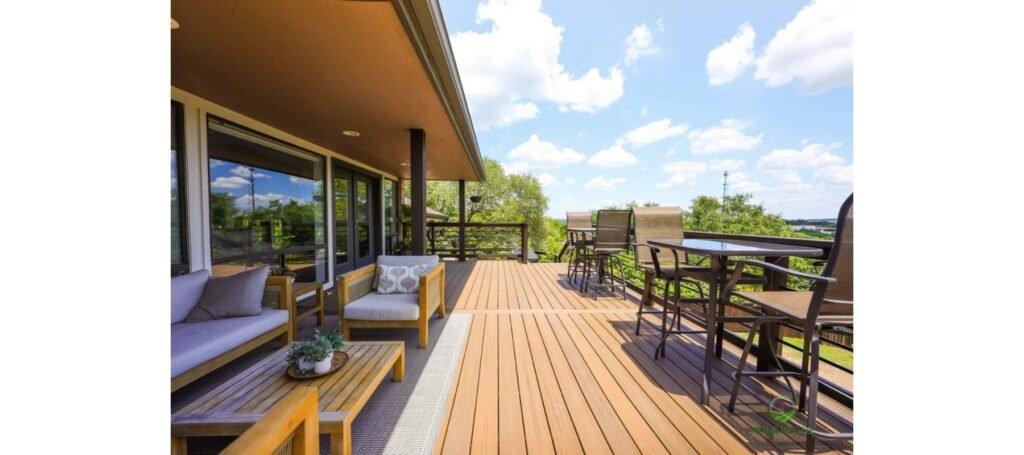 Covered Trex deck with a contrasting picture-frame border and outdoor lounge seating