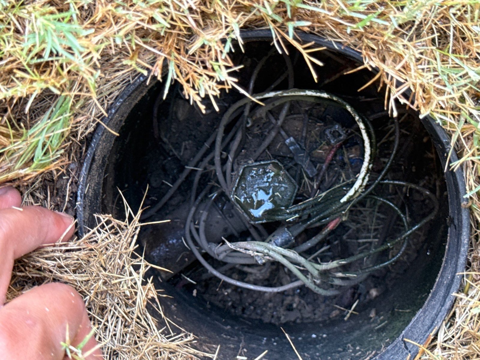 Irrigation valve box and wiring checked during a sprinkler system checkup in San Antonio