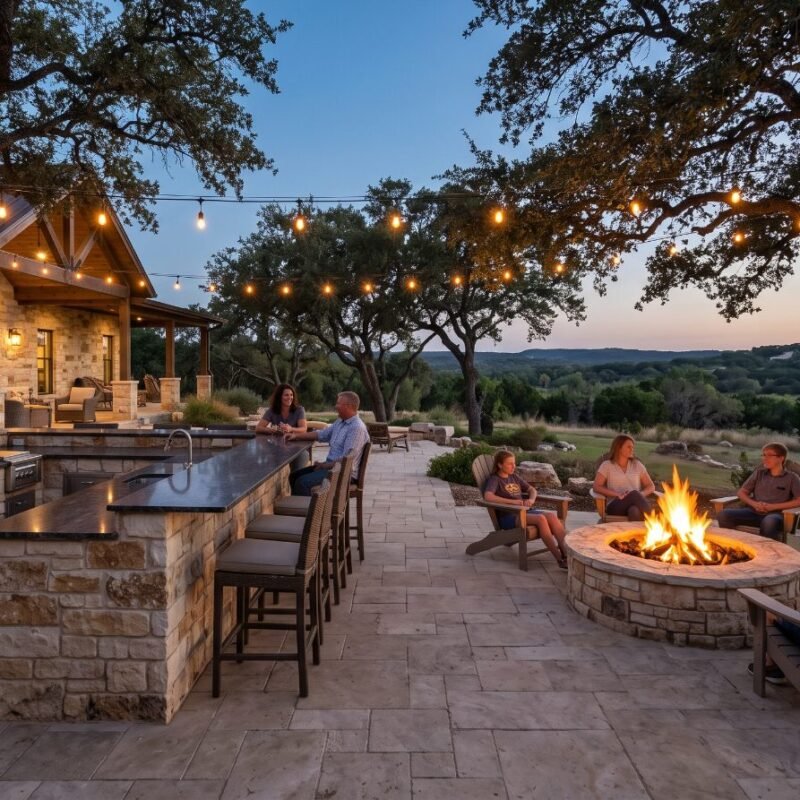 Outdoor kitchen with stone bar, string lights and fire pit on a flagstone patio at dusk