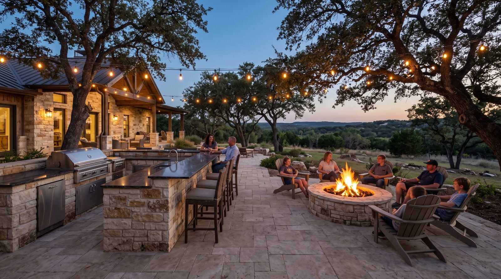 Outdoor kitchen with a stone bar, string lights and fire pit built by Hole In One Lawns in the San Antonio Hill Country