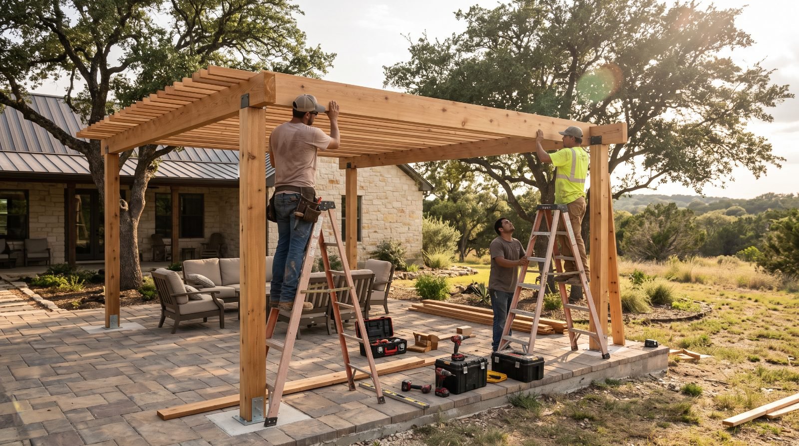 Carpenters building a cedar pergola over a backyard patio in San Antonio