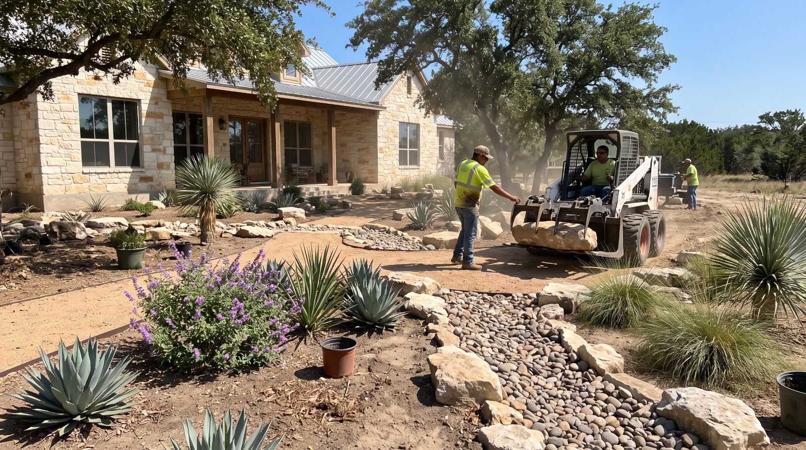 Crew building a xeriscape bed with limestone boulders and agave in San Antonio